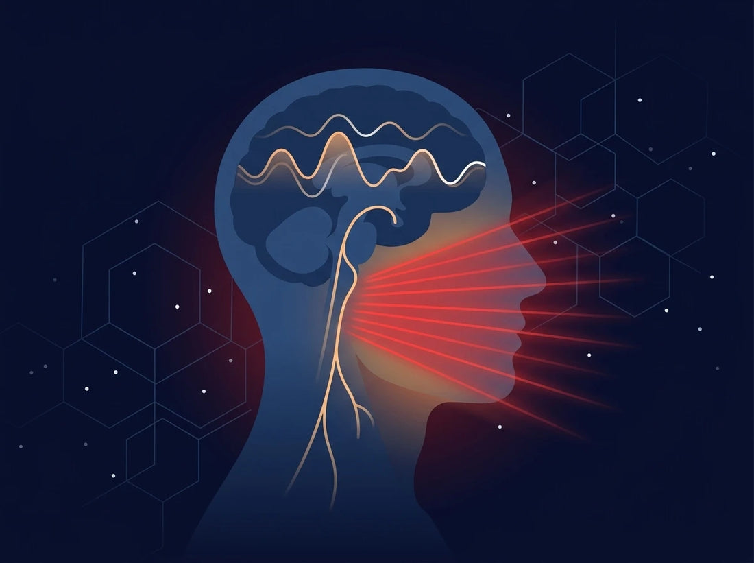 Peer-reviewed red light therapy for anxiety — 670nm wavelength scientific illustration